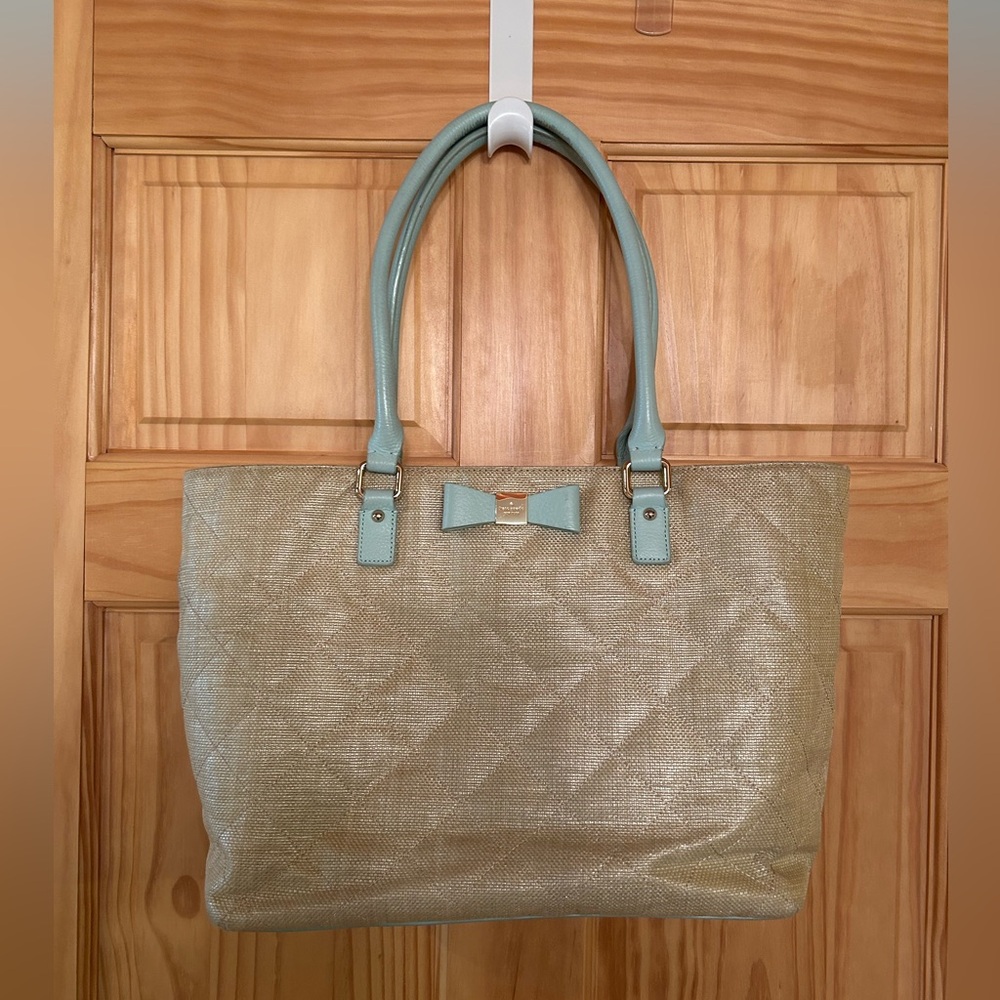 kate spade Straw Tote with Mint Handles and Bow Accent